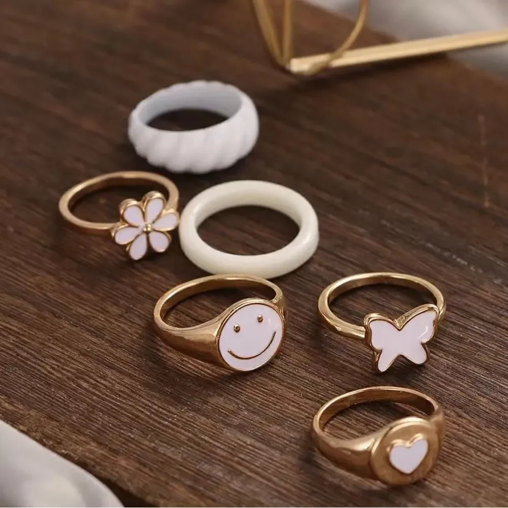 NEW Set of 6 retro style rings, floral boho jewelry, smiley face ring, flowers